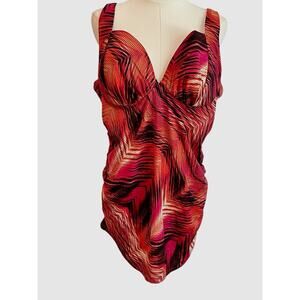 Cacique Tankini Swim Top 40C Artsy Plunge Push Up Underwire Beach Plus Size